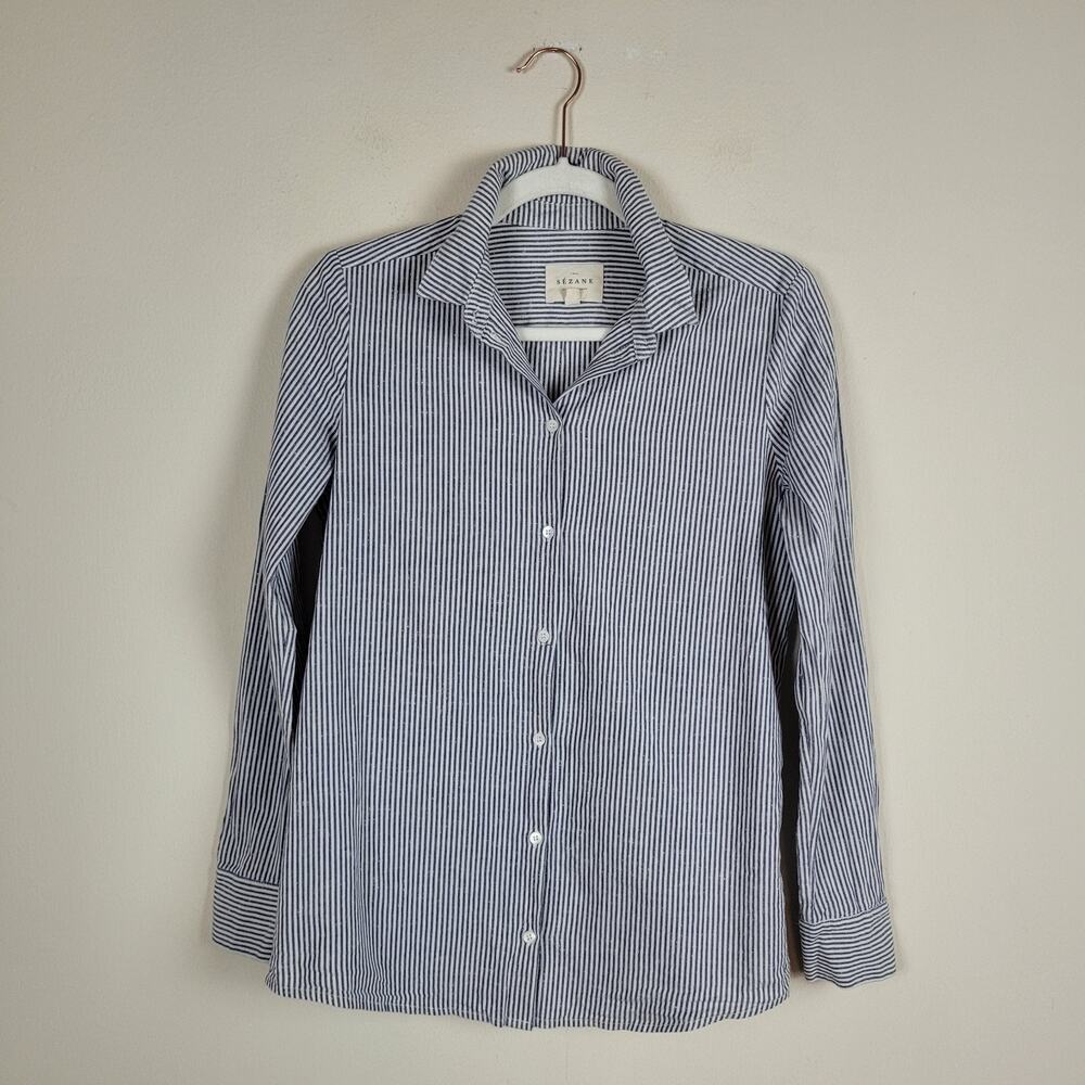 Sezane Shirt FR36 Small Blue White Stripes Button Down Collared Blouse Classic